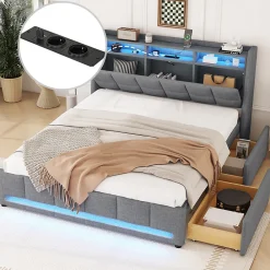 Lit avec rangement 140 x 200 cm - Lit Double avec 2 Tiroirs et Prise USB - Lin - Sans Matelas - Gris>Okwish Discount