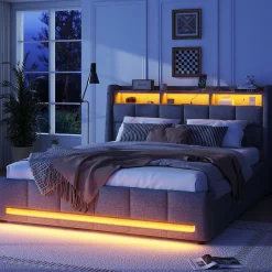 Lit avec rangement 140 x 200 cm - Lit Double avec 2 Tiroirs et Prise USB - Lin - Sans Matelas - Gris><noscript><img width=