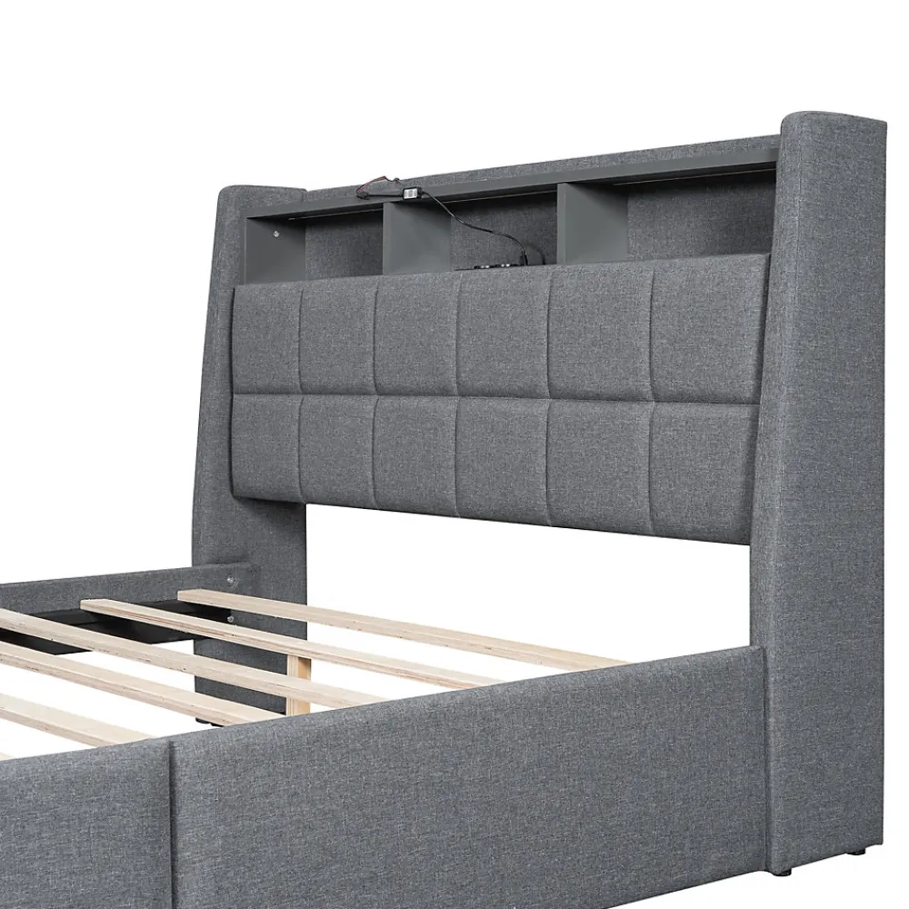 Lit avec rangement 140 x 200 cm - Lit Double avec 2 Tiroirs et Prise USB - Lin - Sans Matelas - Gris>Okwish Discount