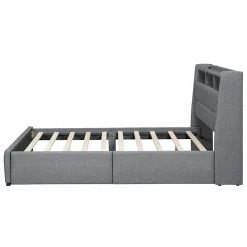 Lit avec rangement 140 x 200 cm - Lit Double avec 2 Tiroirs et Prise USB - Lin - Sans Matelas - Gris><noscript><img width=