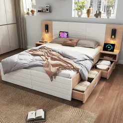 Okwish Lit avec rangement 180 x 200 cm - Lit Double avec Lampes et USB - Bois MDF - Sans Matelas - Blanc Chêne* Lit Avec Rangement