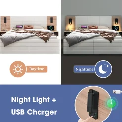Okwish Lit avec rangement 180 x 200 cm - Lit Double avec Lampes et USB - Bois MDF - Sans Matelas - Blanc Chêne* Lit Avec Rangement