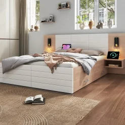 Okwish Lit avec rangement 180 x 200 cm - Lit Double avec Lampes et USB - Bois MDF - Sans Matelas - Blanc Chêne* Lit Avec Rangement