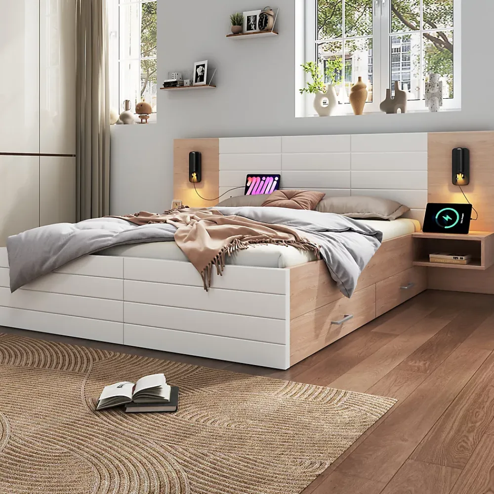 Okwish Lit avec rangement 180 x 200 cm - Lit Double avec Lampes et USB - Bois MDF - Sans Matelas - Blanc Chêne* Lit Avec Rangement