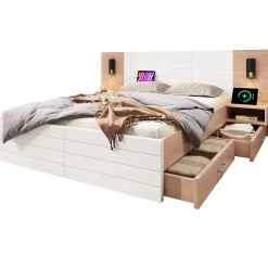 Okwish Lit avec rangement 180 x 200 cm - Lit Double avec Lampes et USB - Bois MDF - Sans Matelas - Blanc Chêne* Lit Avec Rangement