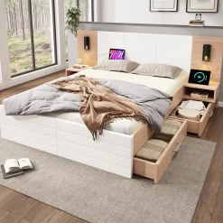 Okwish Lit avec rangement 180 x 200 cm - Lit Double avec Lampes et USB - Bois MDF - Sans Matelas - Blanc Chêne* Lit Avec Rangement