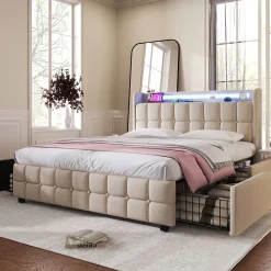 Lit avec rangement 180 x 200 cm - Lit Double avec Ports USB et LED - Lin Bois Métal - Sans Matelas - Beige><noscript><img width=