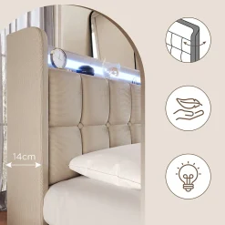 Lit avec rangement 180 x 200 cm - Lit Double avec Ports USB et LED - Lin Bois Métal - Sans Matelas - Beige><noscript><img width=