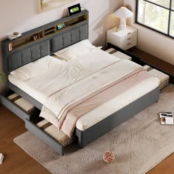 Lit avec rangement 160 x 200 cm - Lit avec 4 tiroirs et tête de lit avec prise USB-C - Lin + Bois massif - Sans Matelas - Gris>Generique Clearance