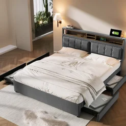 Lit avec rangement 160 x 200 cm - Lit avec 4 tiroirs et tête de lit avec prise USB-C - Lin + Bois massif - Sans Matelas - Gris>Generique Clearance
