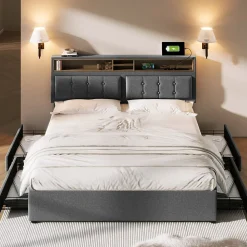 Lit avec rangement 160 x 200 cm - Lit avec 4 tiroirs et tête de lit avec prise USB-C - Lin + Bois massif - Sans Matelas - Gris><noscript><img width=