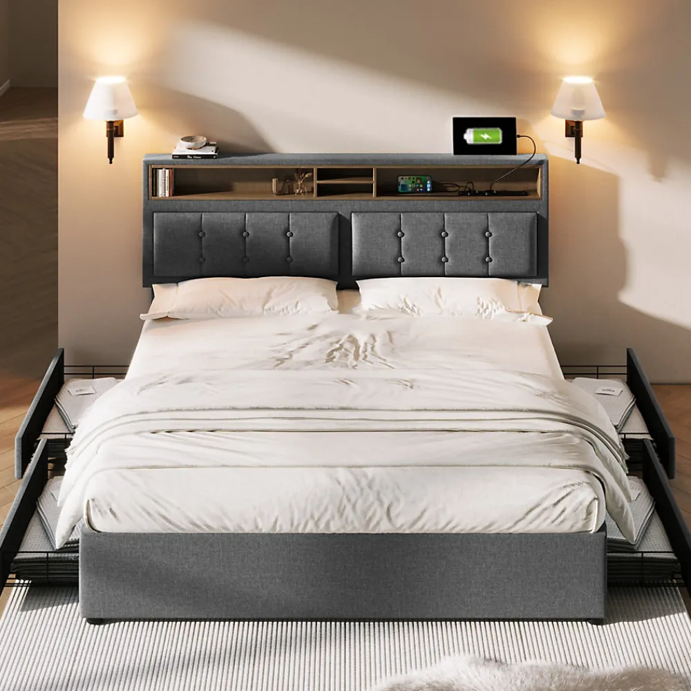 Lit avec rangement 160 x 200 cm - Lit avec 4 tiroirs et tête de lit avec prise USB-C - Lin + Bois massif - Sans Matelas - Gris>Generique Clearance