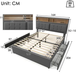 Lit avec rangement 160 x 200 cm - Lit avec 4 tiroirs et tête de lit avec prise USB-C - Lin + Bois massif - Sans Matelas - Gris><noscript><img width=