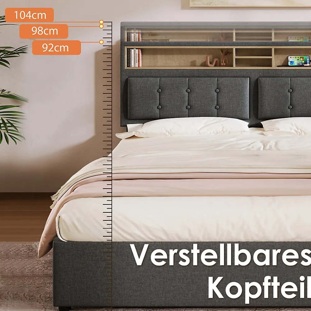 Lit avec rangement 160 x 200 cm - Lit avec 4 tiroirs et tête de lit avec prise USB-C - Lin + Bois massif - Sans Matelas - Gris>Generique Clearance