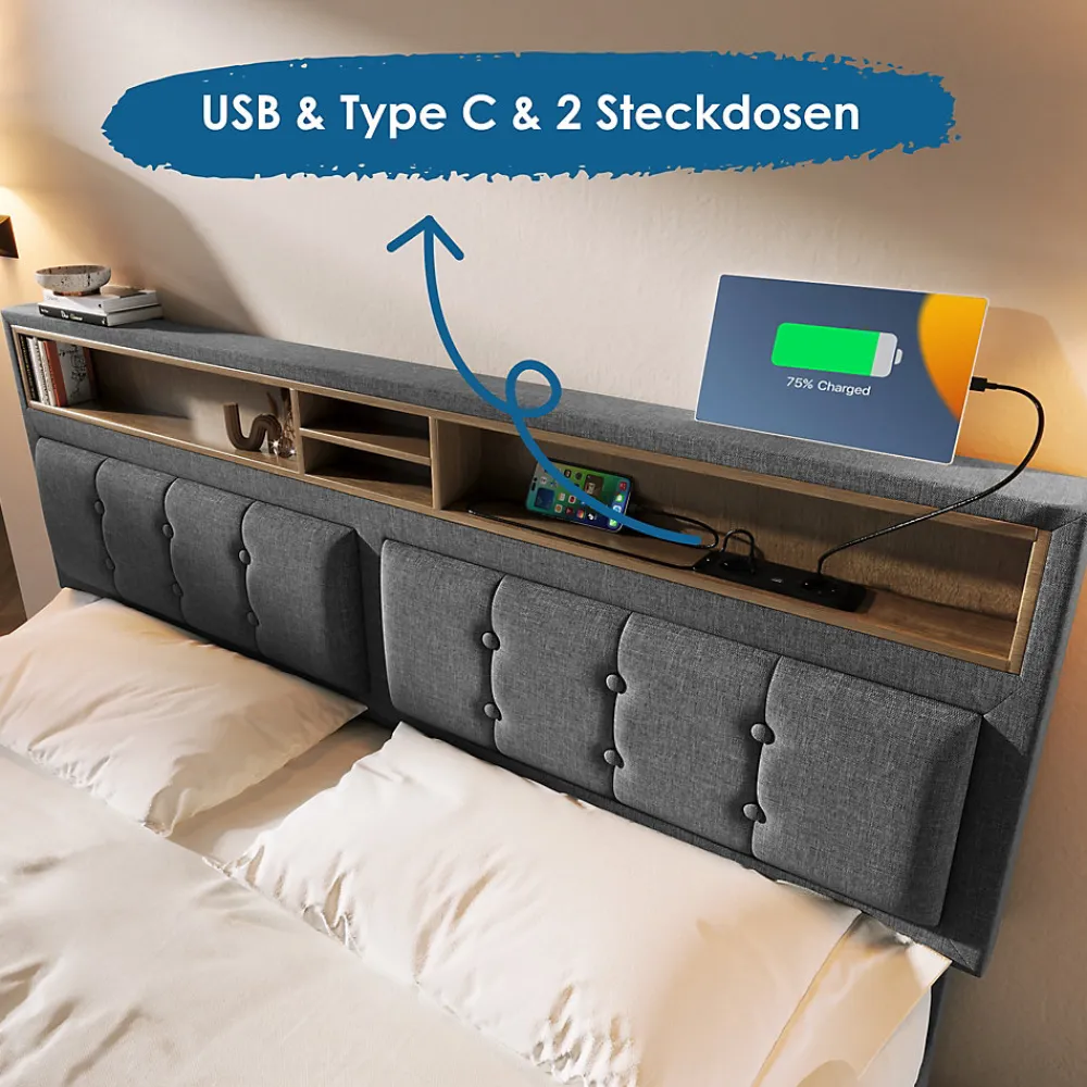 Lit avec rangement 160 x 200 cm - Lit avec 4 tiroirs et tête de lit avec prise USB-C - Lin + Bois massif - Sans Matelas - Gris>Generique Clearance