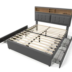 Lit avec rangement 160 x 200 cm - Lit avec 4 tiroirs et tête de lit avec prise USB-C - Lin + Bois massif - Sans Matelas - Gris><noscript><img width=