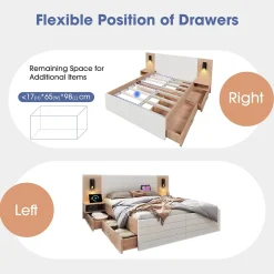 Okwish Lit avec rangement 160 x 200 cm - Lit Double avec Lampes et USB - Bois MDF - Sans Matelas - Blanc Chêne* Lit Avec Rangement