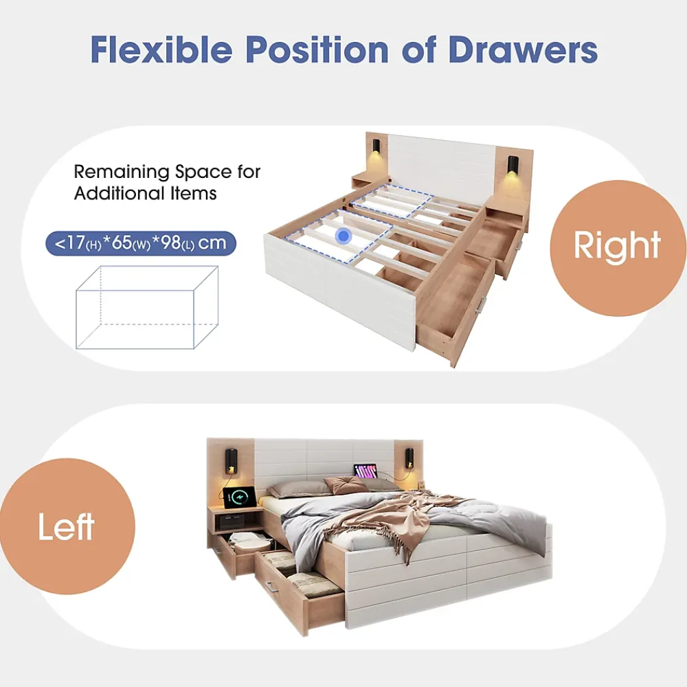 Okwish Lit avec rangement 160 x 200 cm - Lit Double avec Lampes et USB - Bois MDF - Sans Matelas - Blanc Chêne* Lit Avec Rangement