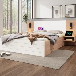 Okwish Lit avec rangement 160 x 200 cm - Lit Double avec Lampes et USB - Bois MDF - Sans Matelas - Blanc Chêne* Lit Avec Rangement