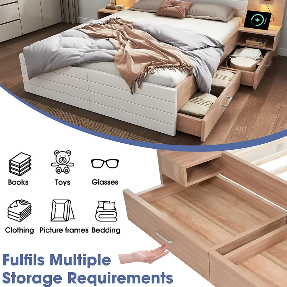 Okwish Lit avec rangement 160 x 200 cm - Lit Double avec Lampes et USB - Bois MDF - Sans Matelas - Blanc Chêne* Lit Avec Rangement
