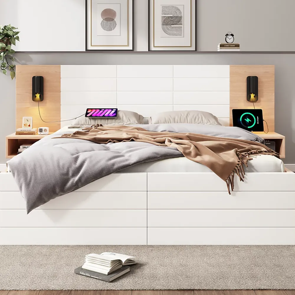 Okwish Lit avec rangement 160 x 200 cm - Lit Double avec Lampes et USB - Bois MDF - Sans Matelas - Blanc Chêne* Lit Avec Rangement