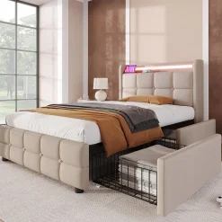 Lit avec rangement 90 x 200 cm - Lit Simple avec Tiroirs et LED - Lin Bois Métal - Sans Matelas - Beige><noscript><img width=
