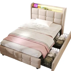 Lit avec rangement 90 x 200 cm - Lit Simple avec Tiroirs et LED - Lin Bois Métal - Sans Matelas - Beige><noscript><img width=