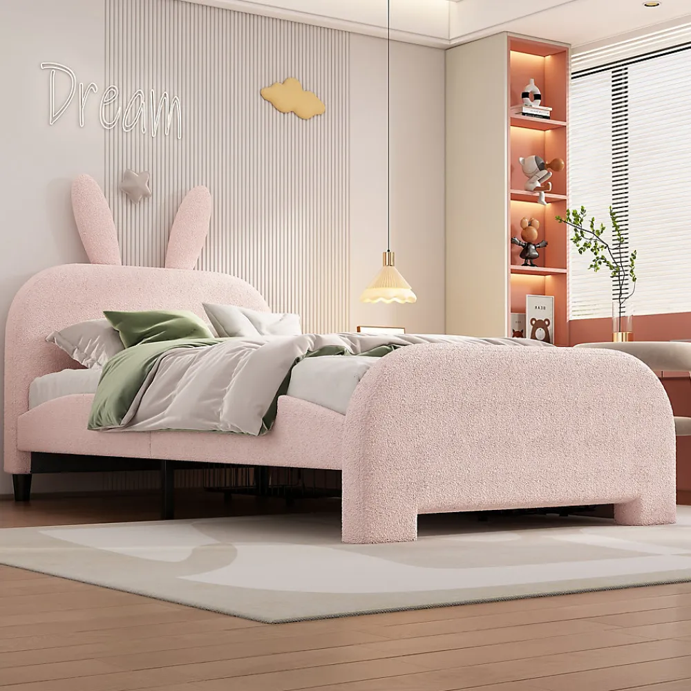 Okwish Lit avec rangement 90 x 200 cm - Lit Simple avec 2 Tiroirs - Peluche + MDF - Sans Matelas - Rose* Lit Avec Rangement