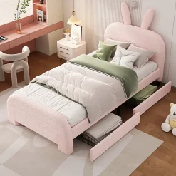 Okwish Lit avec rangement 90 x 200 cm - Lit Simple avec 2 Tiroirs - Peluche + MDF - Sans Matelas - Rose* Lit Avec Rangement