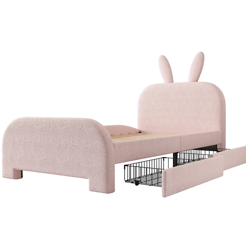 Okwish Lit avec rangement 90 x 200 cm - Lit Simple avec 2 Tiroirs - Peluche + MDF - Sans Matelas - Rose* Lit Avec Rangement