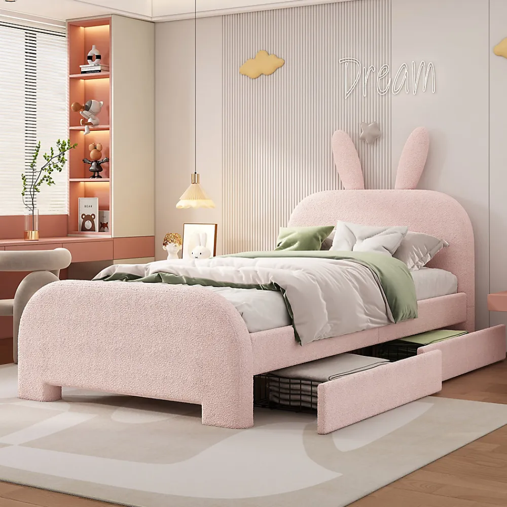Okwish Lit avec rangement 90 x 200 cm - Lit Simple avec 2 Tiroirs - Peluche + MDF - Sans Matelas - Rose* Lit Avec Rangement