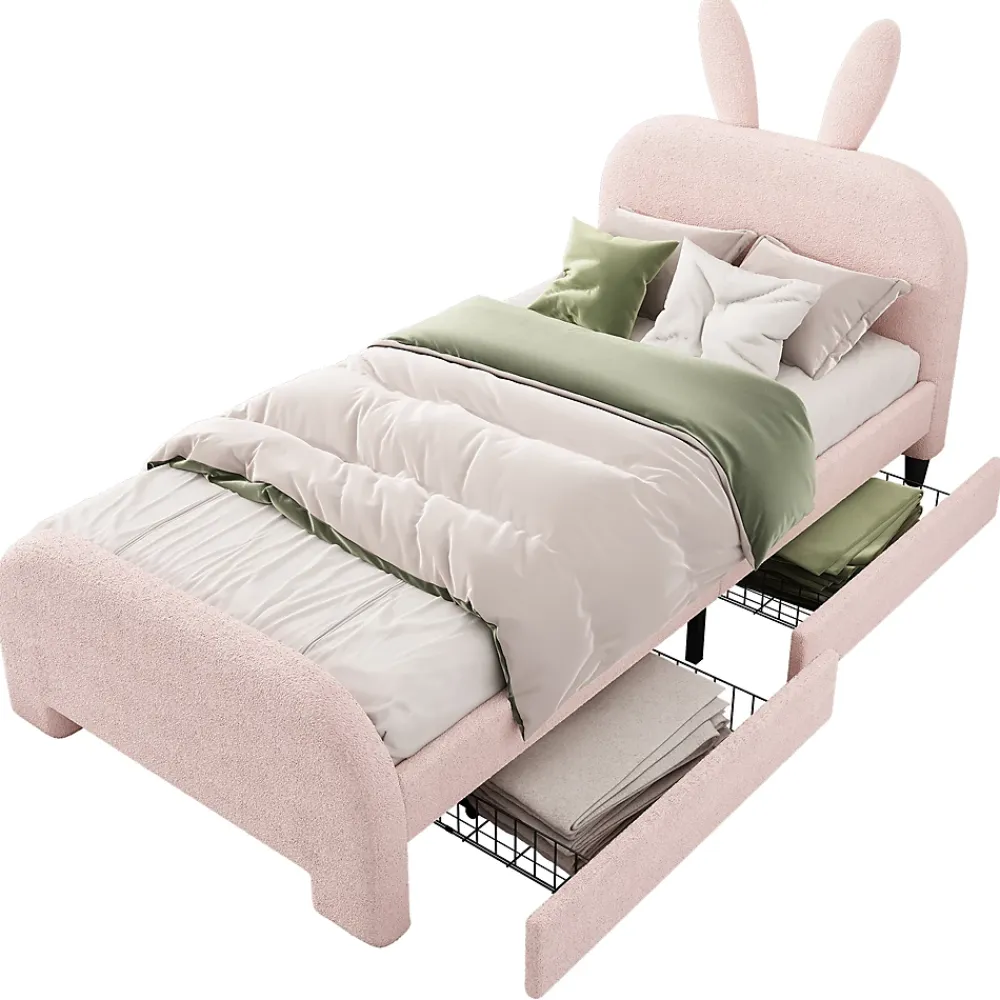 Okwish Lit avec rangement 90 x 200 cm - Lit Simple avec 2 Tiroirs - Peluche + MDF - Sans Matelas - Rose* Lit Avec Rangement