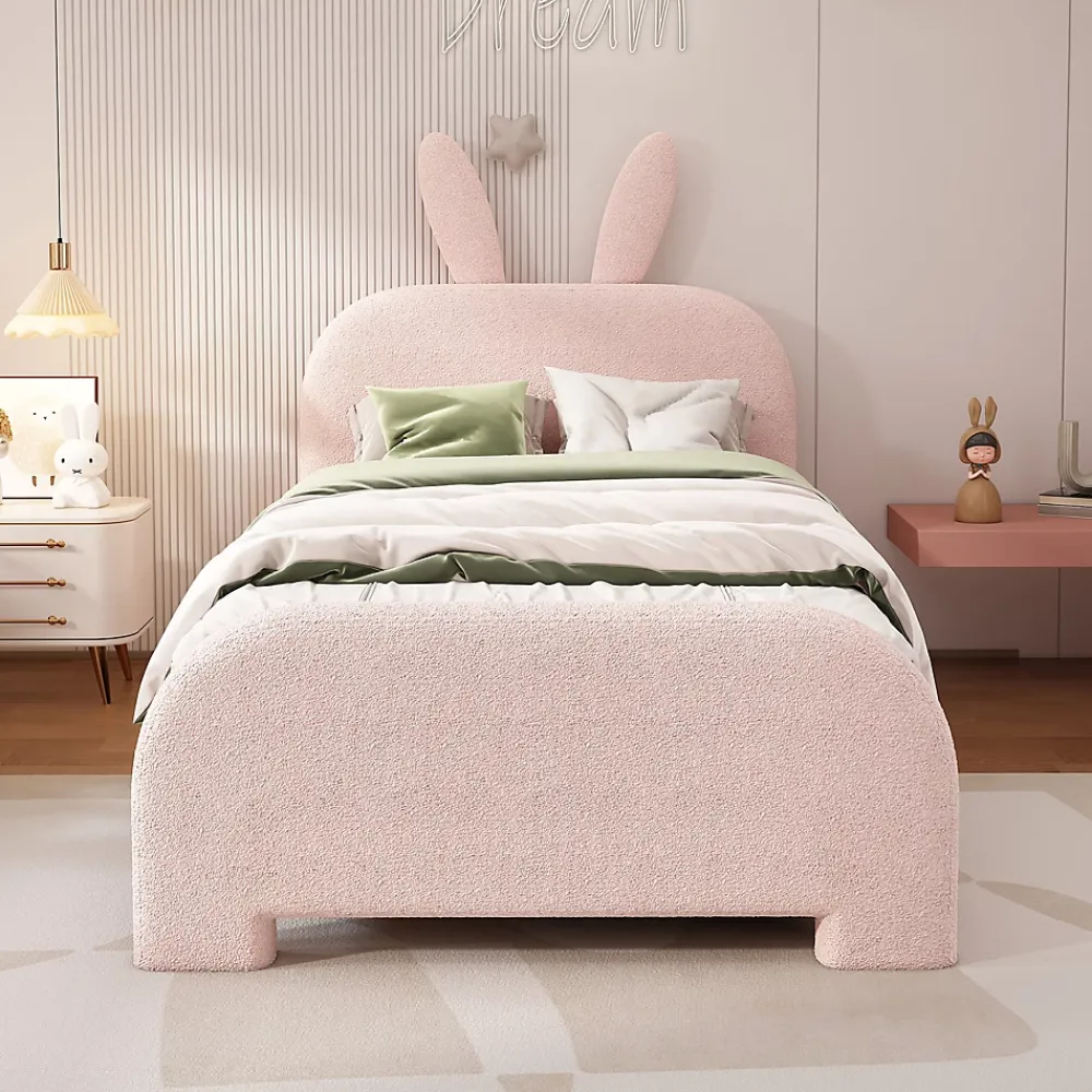 Okwish Lit avec rangement 90 x 200 cm - Lit Simple avec 2 Tiroirs - Peluche + MDF - Sans Matelas - Rose* Lit Avec Rangement