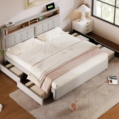 Lit avec rangement 160 x 200 cm - Lit double avec 4 tiroirs et tête de lit réglable - Avec Matelas - Beige>Okwish Sale