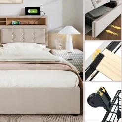 Lit avec rangement 160 x 200 cm - Lit double avec 4 tiroirs et tête de lit réglable - Avec Matelas - Beige><noscript><img width=