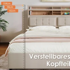 Lit avec rangement 160 x 200 cm - Lit double avec 4 tiroirs et tête de lit réglable - Avec Matelas - Beige><noscript><img width=
