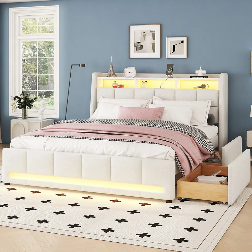 Lit avec rangement 140 x 200 cm - Lit Double avec 2 Tiroirs et Prise USB - Lin - Sans Matelas - Beige>Okwish New