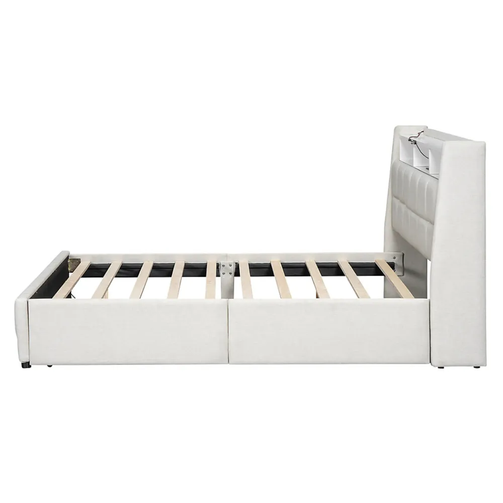 Lit avec rangement 140 x 200 cm - Lit Double avec 2 Tiroirs et Prise USB - Lin - Sans Matelas - Beige>Okwish New
