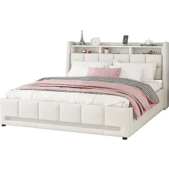 Lit avec rangement 140 x 200 cm - Lit Double avec 2 Tiroirs et Prise USB - Lin - Sans Matelas - Beige><noscript><img width=