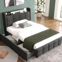 Lit avec rangement 90 x 200 cm - Lit Simple avec Tiroirs et LED - Lin Bois Métal - Sans Matelas - Gris><noscript><img width=
