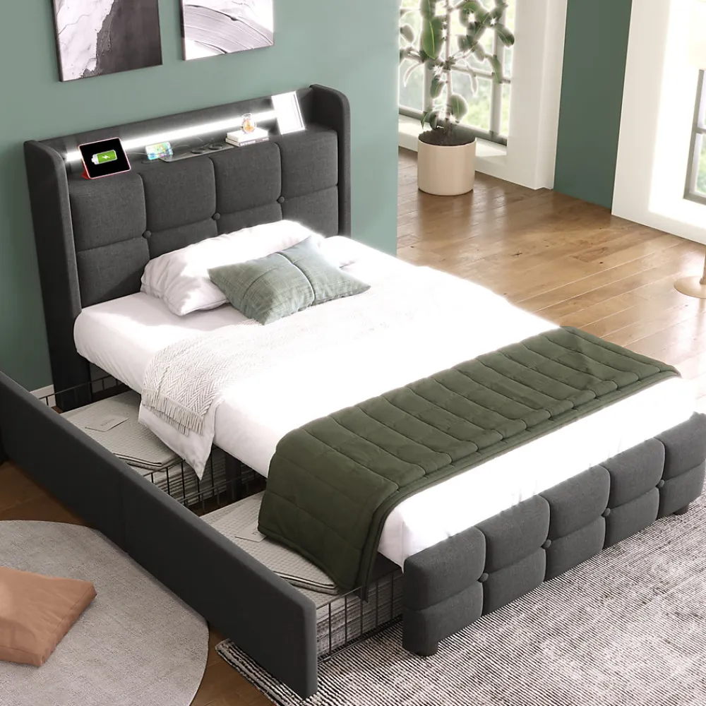 Lit avec rangement 90 x 200 cm - Lit Simple avec Tiroirs et LED - Lin Bois Métal - Sans Matelas - Gris>Okwish Sale