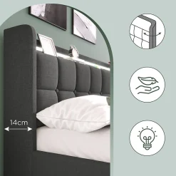 Lit avec rangement 90 x 200 cm - Lit Simple avec Tiroirs et LED - Lin Bois Métal - Sans Matelas - Gris><noscript><img width=