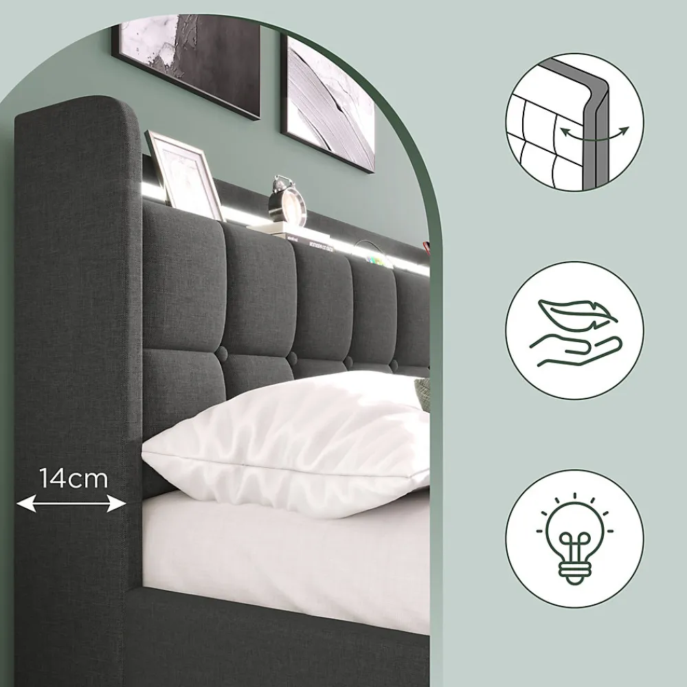 Lit avec rangement 90 x 200 cm - Lit Simple avec Tiroirs et LED - Lin Bois Métal - Sans Matelas - Gris>Okwish Sale