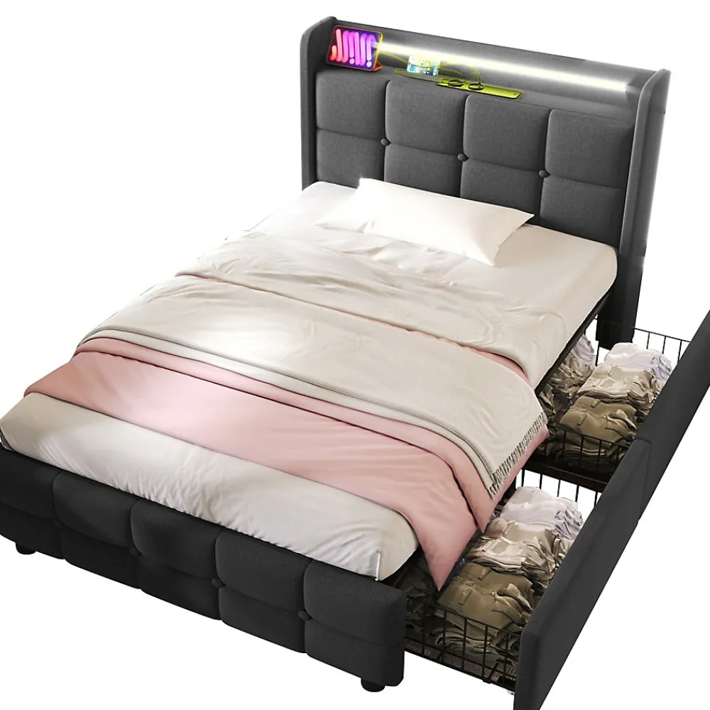 Lit avec rangement 90 x 200 cm - Lit Simple avec Tiroirs et LED - Lin Bois Métal - Sans Matelas - Gris>Okwish Sale