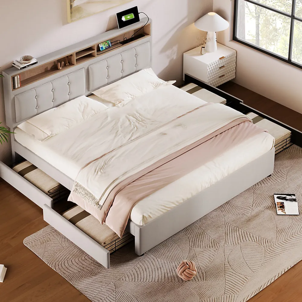 Lit avec rangement 140 x 200 cm - Lit avec 4 tiroirs, tête de lit avec prise USB-C - Lin + Bois massif - Sans Matelas - Beige>Okwish Outlet