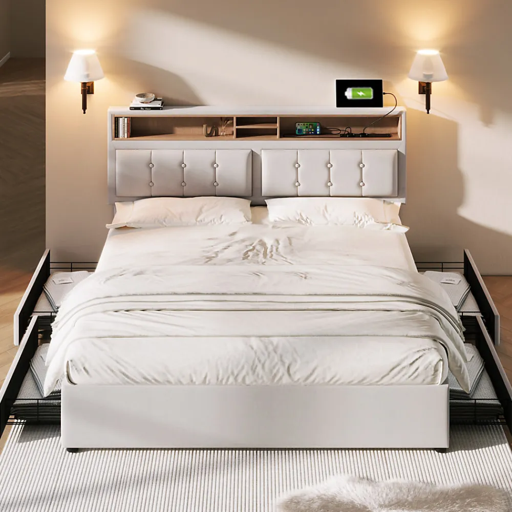 Lit avec rangement 140 x 200 cm - Lit avec 4 tiroirs, tête de lit avec prise USB-C - Lin + Bois massif - Sans Matelas - Beige>Okwish Outlet