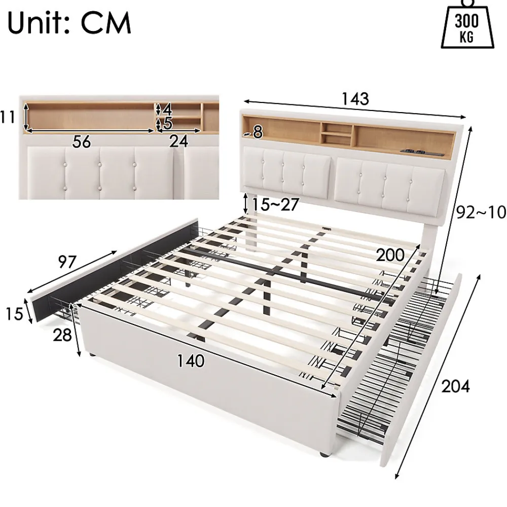 Lit avec rangement 140 x 200 cm - Lit avec 4 tiroirs, tête de lit avec prise USB-C - Lin + Bois massif - Sans Matelas - Beige>Okwish Outlet