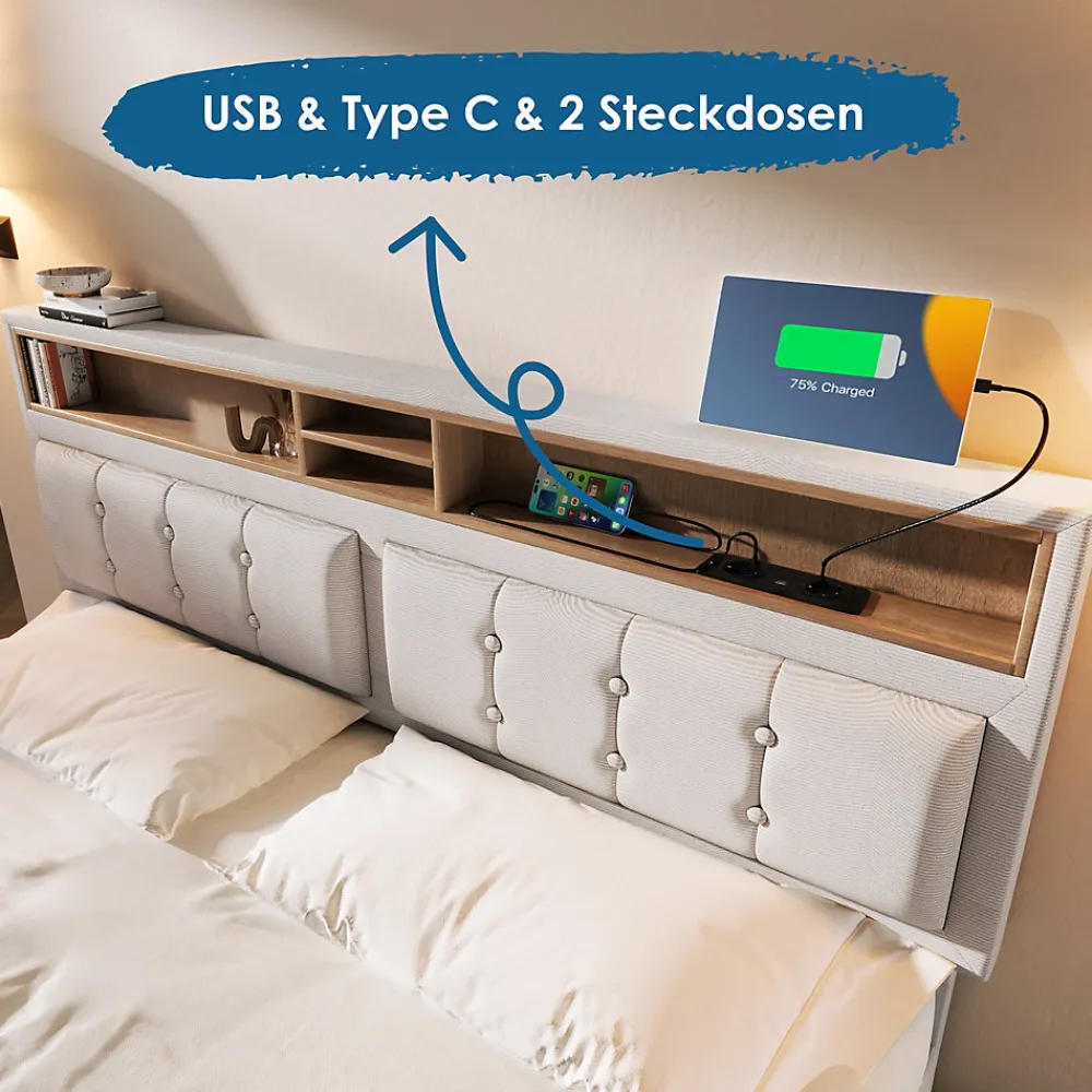 Lit avec rangement 140 x 200 cm - Lit avec 4 tiroirs, tête de lit avec prise USB-C - Lin + Bois massif - Sans Matelas - Beige>Okwish Outlet