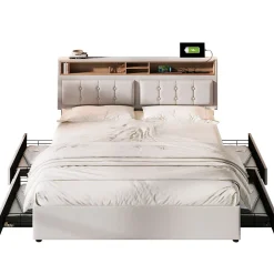 Lit avec rangement 140 x 200 cm - Lit avec 4 tiroirs, tête de lit avec prise USB-C - Lin + Bois massif - Sans Matelas - Beige><noscript><img width=
