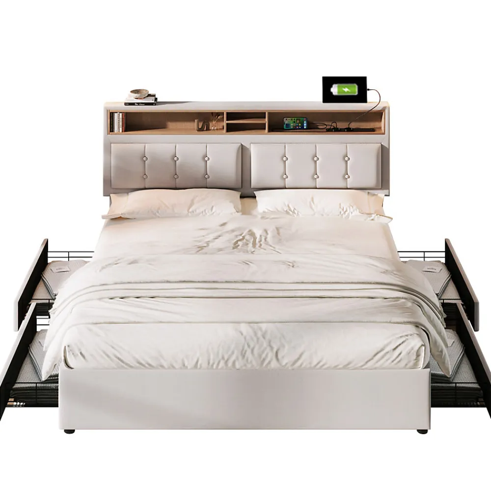 Lit avec rangement 140 x 200 cm - Lit avec 4 tiroirs, tête de lit avec prise USB-C - Lin + Bois massif - Sans Matelas - Beige>Okwish Outlet